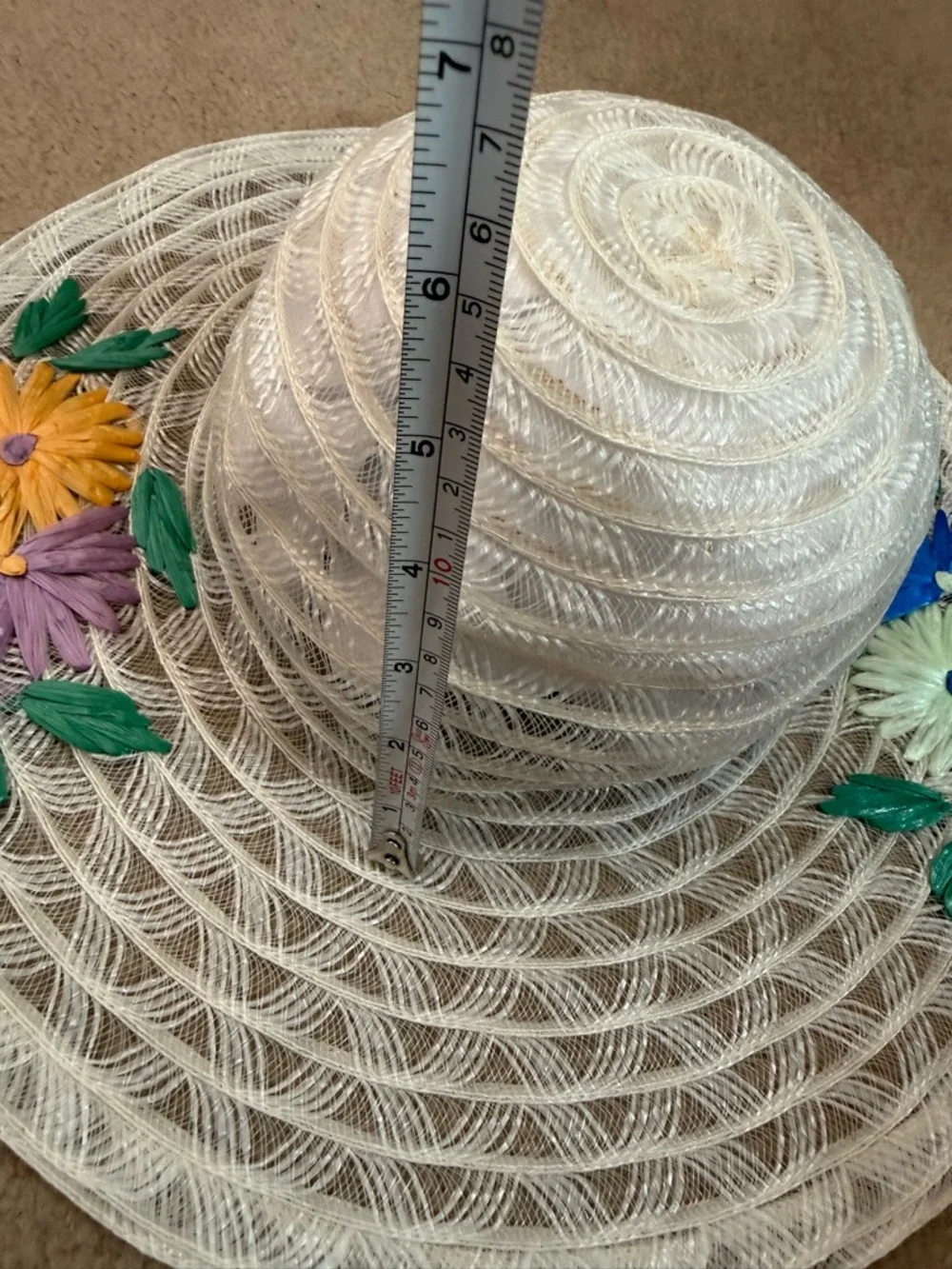 Vintage 1970's White Lace Embroidered Flower Wedding floppy SunHat Derby - Picture 9 of 16